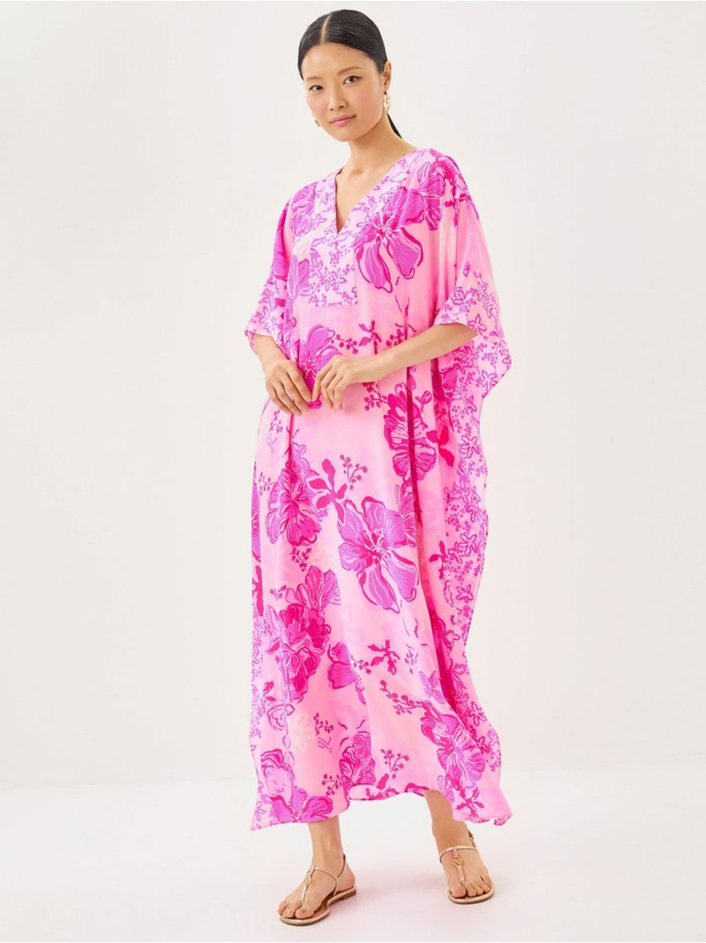 Lilly Pulitzer Levy Silk Maxi Caftan Parigi Pink Supporting Squad dress size 14